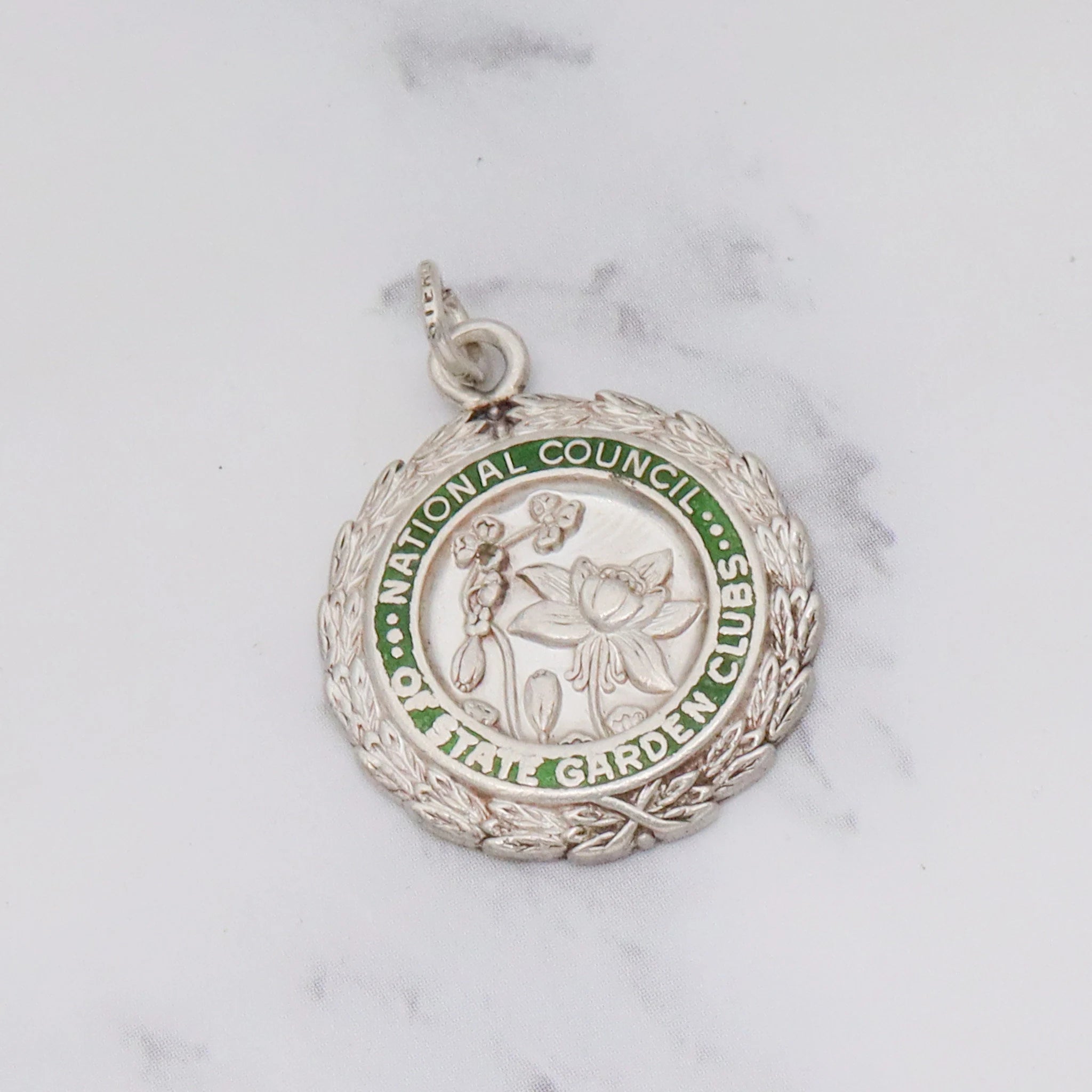 Antique sterling enamel "National Council of State Garden Clubs" medallion pendant